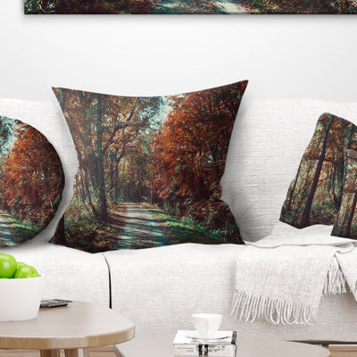 Road Through Red Fall Forest - Landscape Printed Throw Pillow