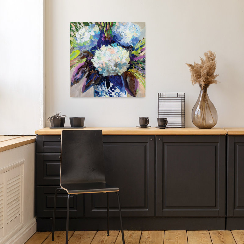 Art contemporain d'hortensias chinois avec bouquet de fleurs bleues, H 18 po x l 18 po