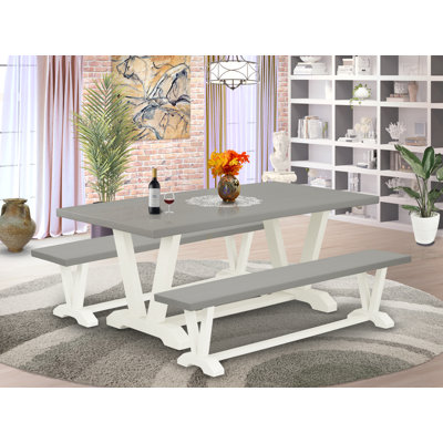 3-Piece Kitchen Dining Table Set Consists of a Wood Table and 2 Wood Bench - Cement Table Top and Wire Brushed Linen White