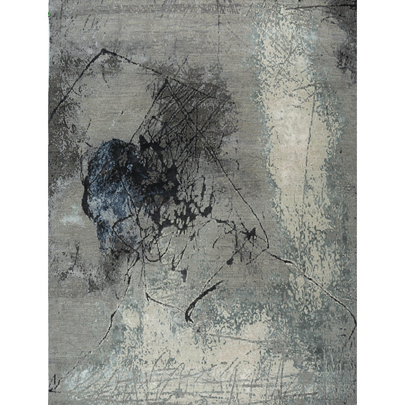 Tapis bleu abstrait noué à la main 8 pi x 10 pi