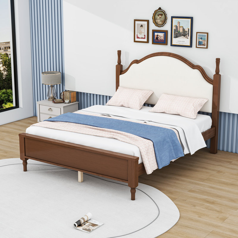 Lit plateforme en bois avec tête de lit tapissier courbée et pieds centraux, Grand lit, Beige Brown