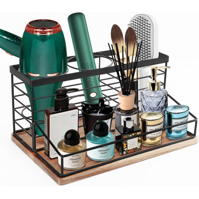 Hair Tool Organizer, Movable Hair Dryer Holder, Hair Styling Tools Storage For Vanity, Bath Counter Organizer, Bathroom Trays For Hair Toiletry, Makeup (12" X 7.7" X 5.8", Wood-Black)