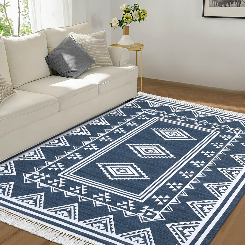 5x7 Area Rug, Machine Washable Tassel Rugs for Living Room, Indoor Non-Slip Front Door Mat, Stain Resistant Floor Cover Carpet, Bordered Tribal Accent Rug, Blue Rug for Dining Room