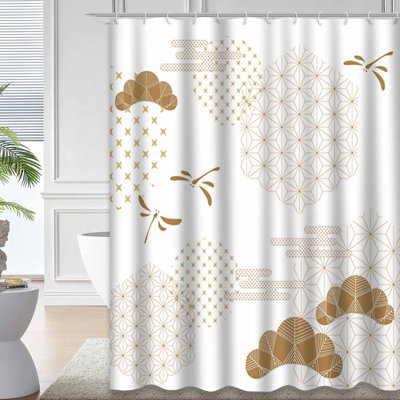 Japanese Gold Geometric Japan Blue Shower Curtain with 12 Hooks