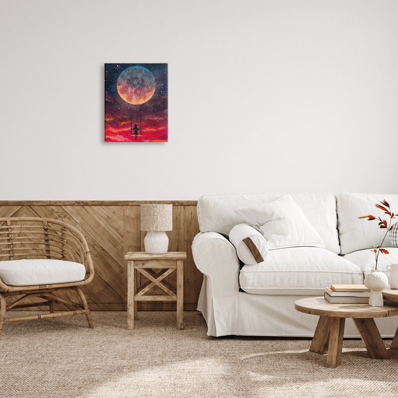 Art mural sur toile personne qui se balance de la lune par Valery Rybakow, H 20 po x l 16 po x P 1,5 po