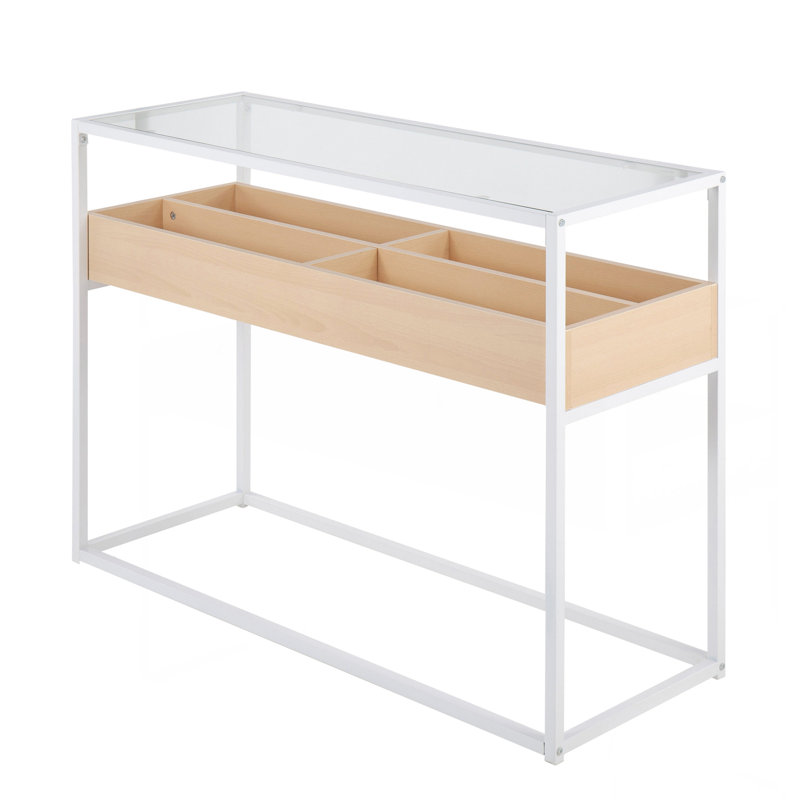 Display Contemporary Console Table In White Metal, Natural Wood, And Clear Glass By Lumisource, White/Natural