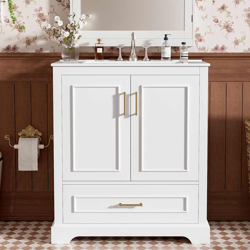 Meuble-lavabo autoportant de 30 po avec lavabo, armoire avec 1 tiroir séparateur et 2 portes à fermeture en douceur, Blanc