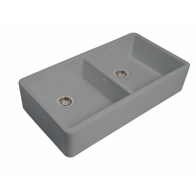 Stonyhurst - 39.3″ L X 21.1″ W Fireclay Double Bowl Apron / Farmhouse Kitchen Sink, Gray Matte