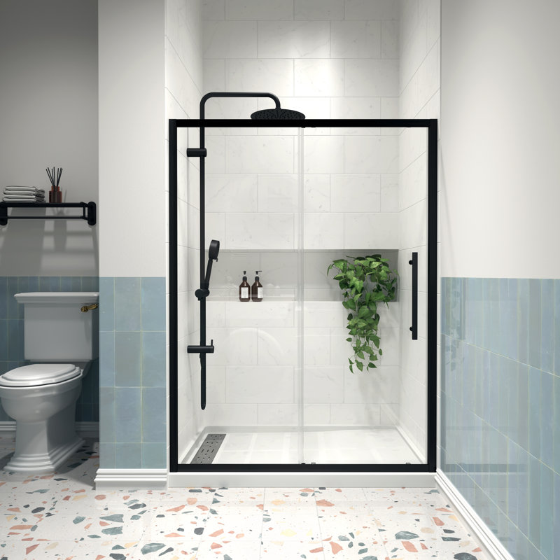 50 - 54" W x 72" H Single Sliding Semi-Frameless Shower Door with 1/4" (6mm) Clear Tempered Glass, Matte Black