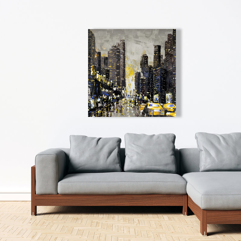 Toile de ville abstraite - art texturé avec des taxis jaunes | Décoration intérieure