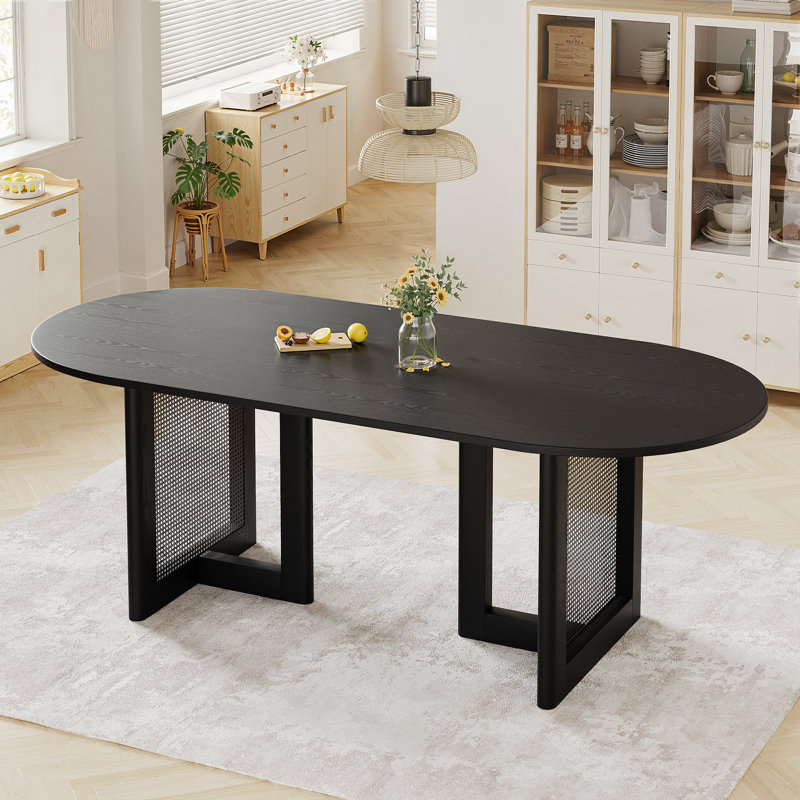 Midkiff 33.5"W×30"H Oval Dining Table Kitchen Table with Rattan Double Pedestal Base, Black, 30"H x 79"L x 33.5"W