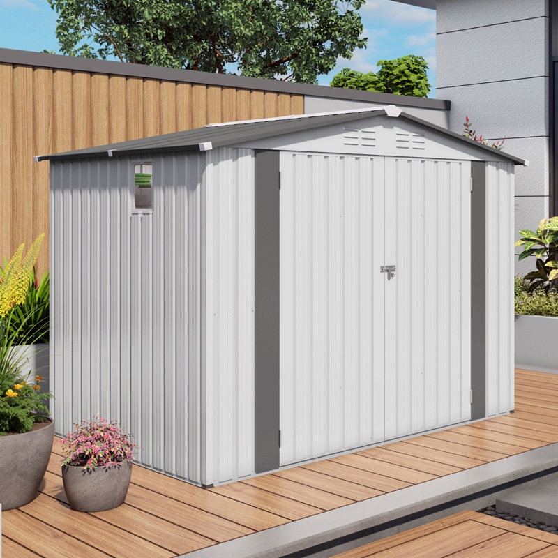 8X6 Ft Metal Outdoor Storage Shed, Tool Shed With Pitched Roof Waterproof With Side Window And Lockable Door, Metal Tool Shed For Garden Tool Storage, Everyday Sundries And Bike Storage, White + Gray