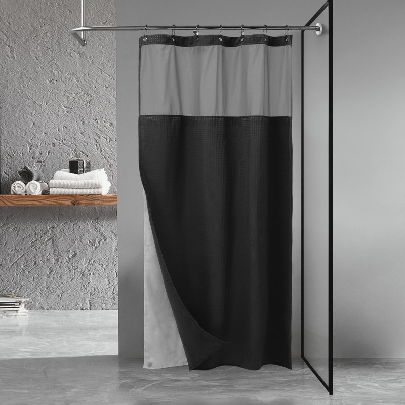 Rideau de douche Waffle Weave avec doublure à encliqueter, 12 crochets inclus, Noir, H 72 po x l 48 po