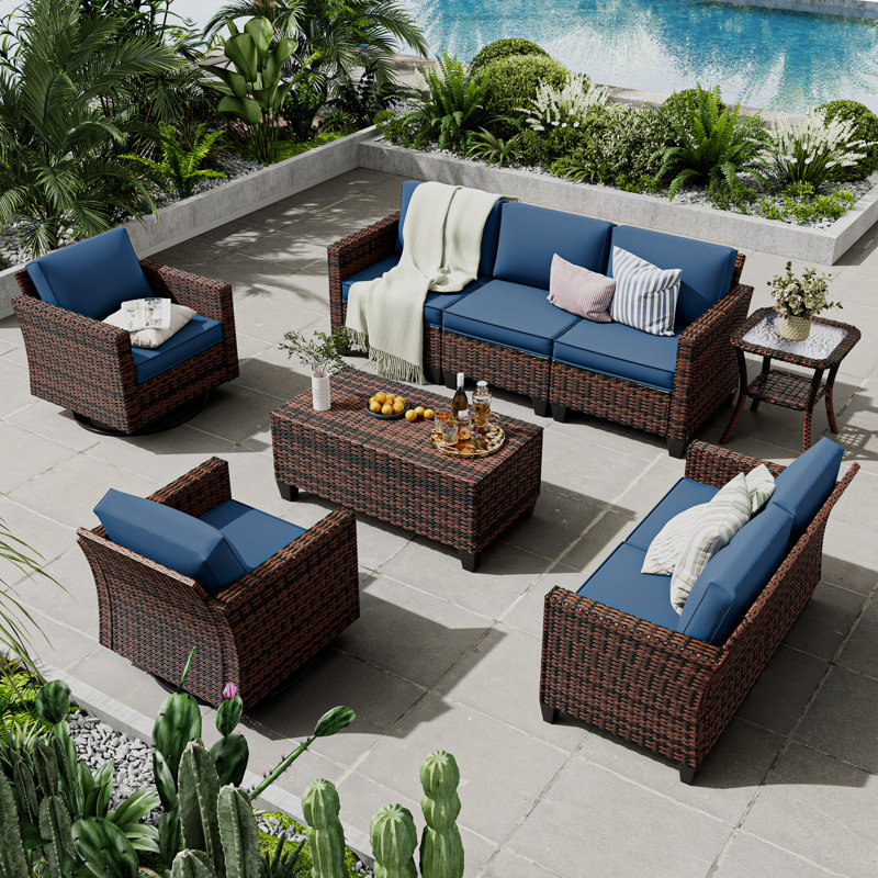 7 Person Sofa Set 6 Piece Outdoor Wicker Sofa With Swivel Rocking Chairs, Blue