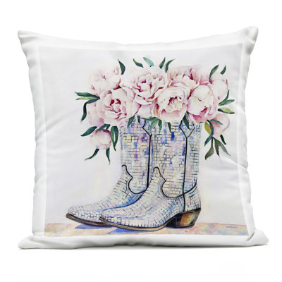 Rose Filled Cowgirl Boots Design by Amanda Greenwood Outdoor Printed Pillow