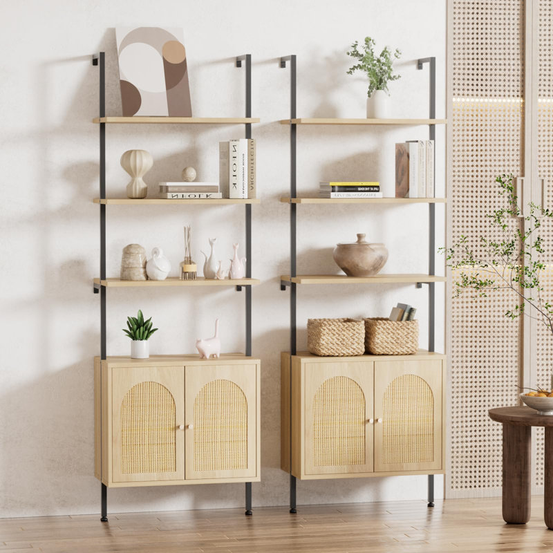 Ladder Bookshelf With Cabinet, 5 Tier Tall Ladder Bookcase With Rattan Cabinet, Wall Mount Ladder Shelf With Metal Frame For Living Room,Home Office, Natural, Set Of 2