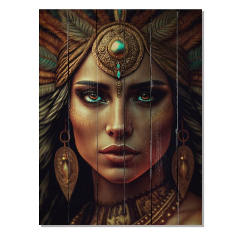 Femme bohémienne avec coiffe de plumes II sur bois, H 20 po x l 10 po x P 0,78 po