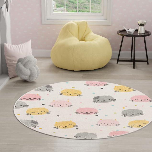 Ivory Round Kids Rug with Colorful Cat Faces