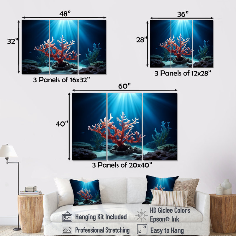 Ensemble de décorations murales corail sous l'eau, Toile tendue, H 28 po x l 36 po x P 1 po