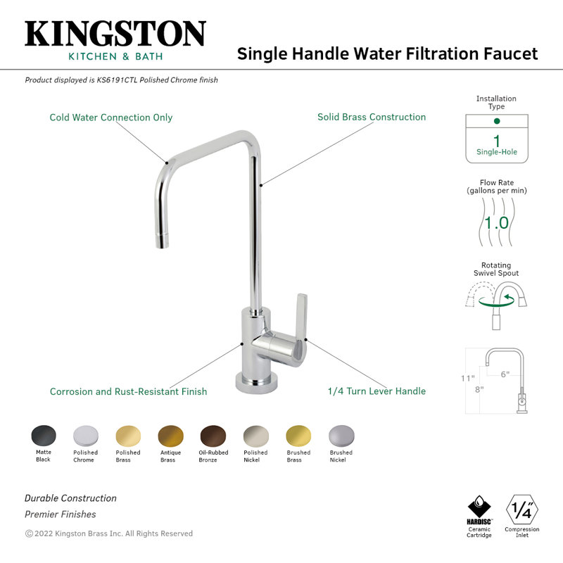 Kingston Brass Continental Single-Handle 1-Hole Deck Mount Water Filtration Faucet, Polished Chrome