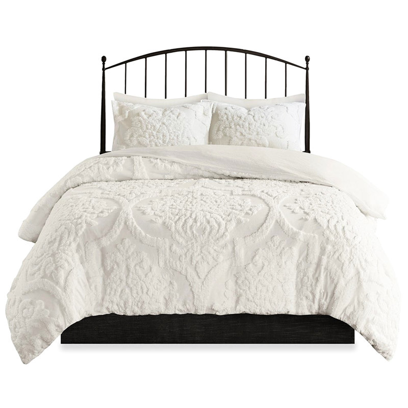 Housse de couette en coton chenille pour lit double / grand, 3 pièces, avec bouton de sécurité et literie à coins arrondis, attaches blanches