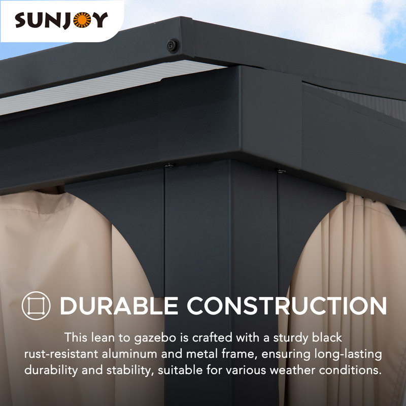 Sunjoy 10 x 12 ft Black Aluminum Wall-Mounted Gazebo with Curtains