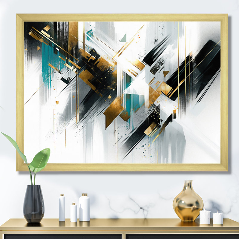 " Teal Gold Cubist Kaleidoscope I ", H 30 po x l 40 po x P 1,5 po, Encadrement doré