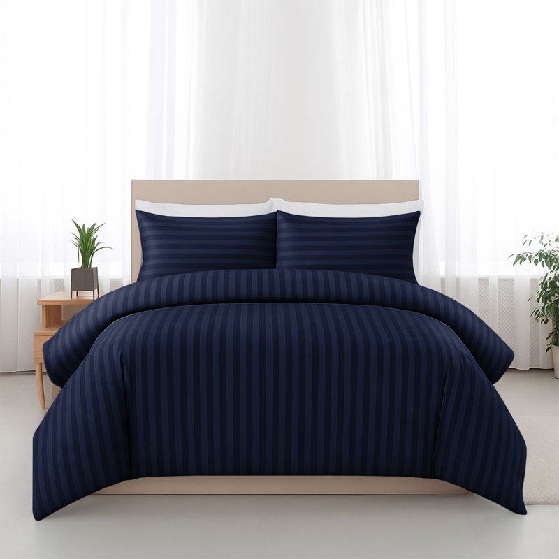 Haffa Microfiber Striped Duvet Cover Set with Pillowcases Included, Navy, Single Duvet Cover + 1 Standard Pillowcase