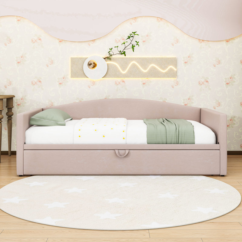 Twin Upholstered Daybed with Pop-Up Trundle, Pink
