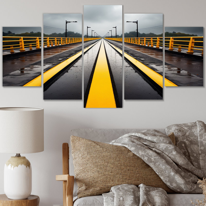 Yellow Parallel Road Paths - Landscapes Wall Decor - 5 Panels