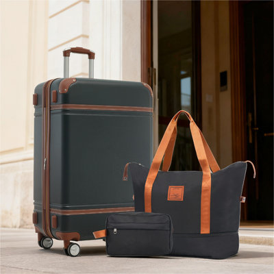 Hardshell Luggage Sets with Bags Lightweight Suitcase Double Spinner Wheels with TSA Lock ,Single Vintage Luggage 24 IN,Black