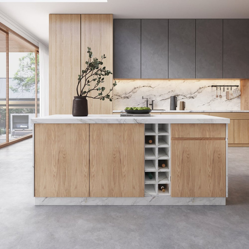 Japandi Kitchen Island with Storage and Seating Space,Island Table with Wine Rack (Without Bar Stools), Brown/White