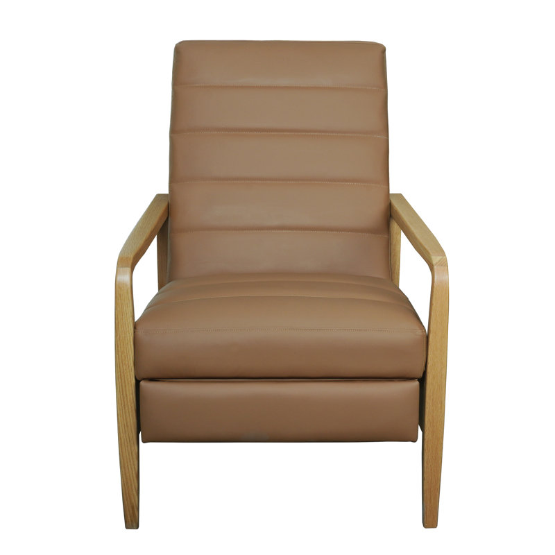 Modern Push-back Recliner Chair, Solid Wood, Upholstered Armchair, Brown/Natural