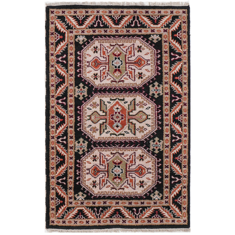 Tapis d'intérieur rectangulaire noir noué à la main en soie et laine noir crème, Rectangulaire 3 pi x 5 pi