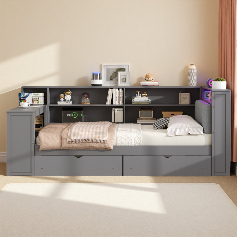 Stylish Wood Full Size Platform Daybed With Storage Shelves, Drawers, Charging Station, LED Lighting, Desk & Upholstered Headboard, Gray