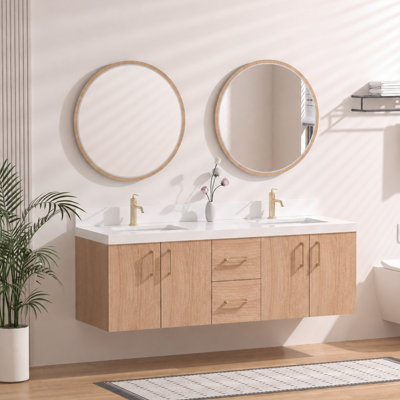 60 in. Modern Wall-Mounted Double Bathroom Vanity with White Quartz Countertop and Ceramic Sinks