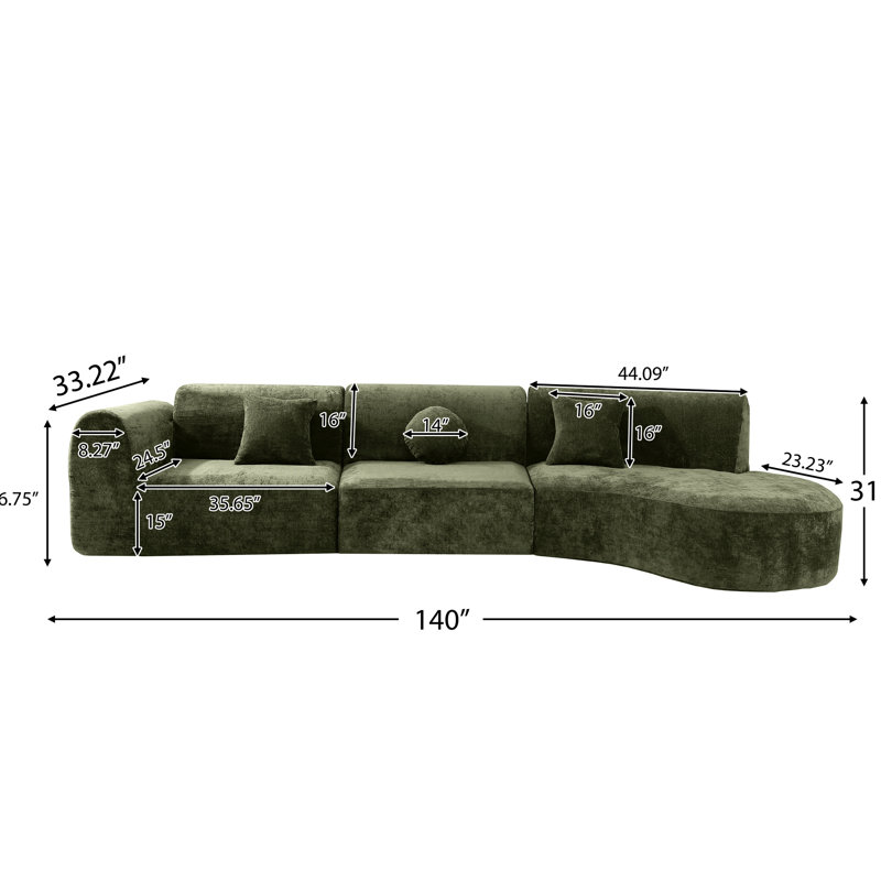 Canapé incurvé moderne de 140 pouces avec mousse haute densité, 3 éléments, orientation droite, entièrement assemblé, 4 places pour un espace de vie spacieux et relaxant.