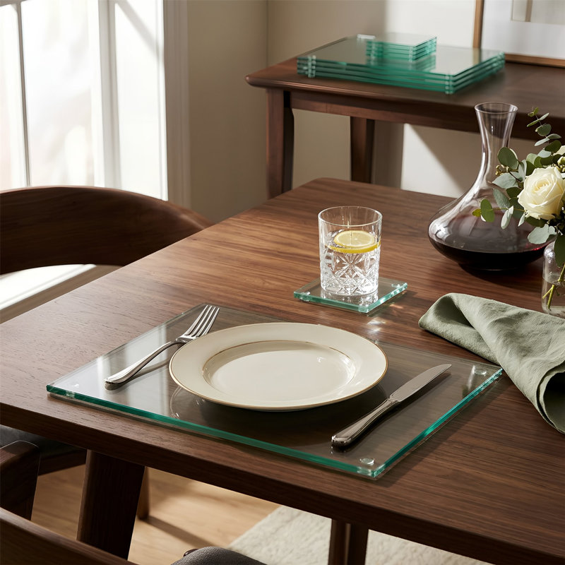 Harbour Housewares - 12pc Glass Placemats & Square Coasters Set - 30cm x 20cm, Clear