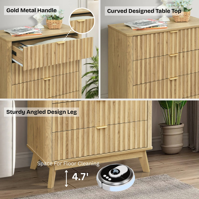  Fluted Fluted 5 Wood Dresser with Built‑In Anti‑Tip Stability System, 30.7" W Drawer Chest for Bedroom, Nursery or Hallway Storage Organizer