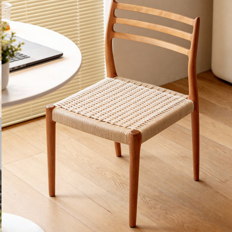 Mid-Century Modern 100% Solid Cherry Wood Dining Chair With Hand-Woven Paper Cord Seat, Ergonomic Slatted Backrest, Smooth Sanded Finish