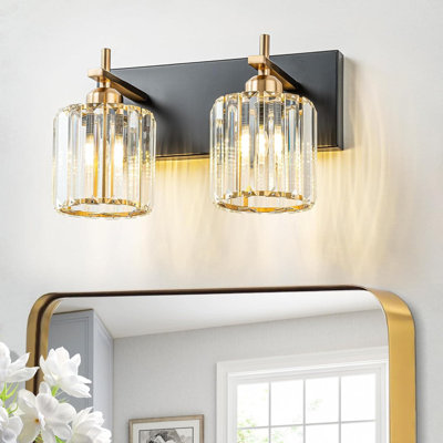 Modern Crystal Bathroom Vanity Lights With Polished Gold Finish, 2-Light Wall Mounted Fixture For Mirror, Bedroom, And Hallway