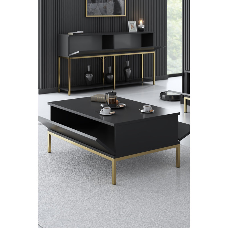 Modern Coffee Table with Metal Legs, Anthracite & Gold, 35.4 x 15.7 x 23.6 inches | 100% Melamine Coated Particle Board, Thickness: 0.7 inches | Sleek Industrial Design for Living Room & Lounge Spaces