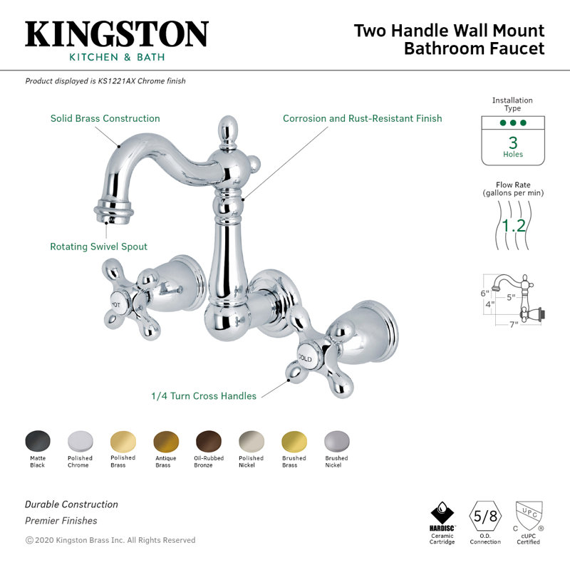 Kingston Brass Heritage Two-Handle 3-Hole Wall Mount Bathroom Faucet, Polished Nickel