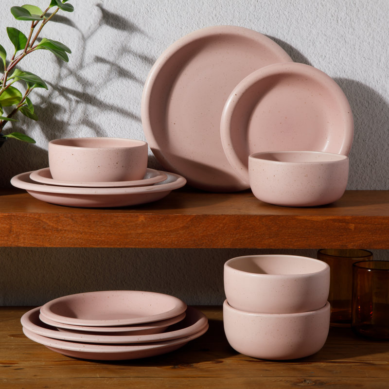 Bloomhouse Corcisa Clay 12 Piece Stoneware Reactive Glaze Dinnerware Set - Prosecco Blush Pink, Red