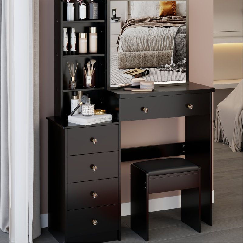 37-Inch Left Bedside Vanity Table With Cushioned Stool And Large Sliding Mirror, High Capacity Storage, American Design, Black For Middle Spaces Stool, 24X22