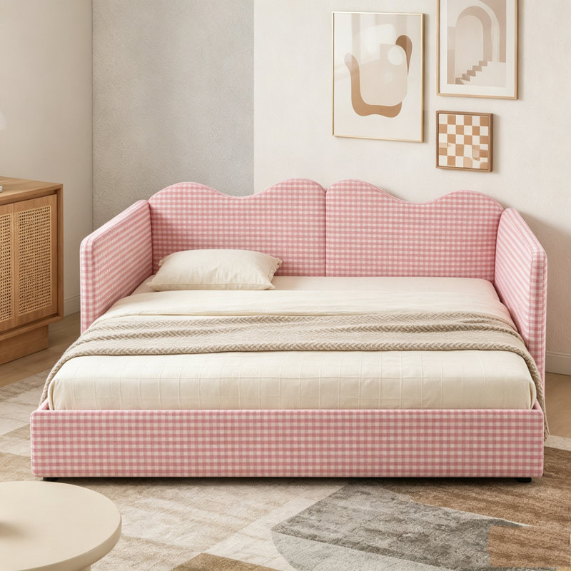 Lit de jour double en vichy avec couchette et poche de rangement latérale, Rose