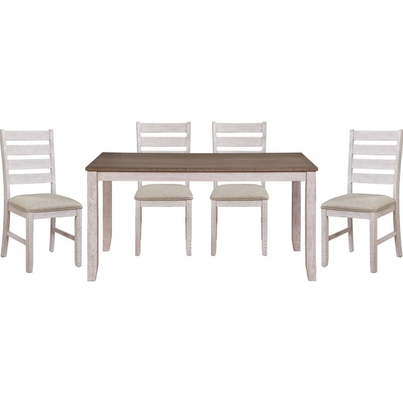 Ensemble de salle à manger 5 pièces - Table rectangulaire en bois et 4 chaises d'appoint rembourrées en tissu brun et blanc et brun