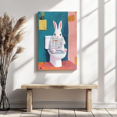 Plat en 2 dimensions, 1Pc, Saint-Patrick et Pâques, cadre en bois, signe, lapin, journal de lecture, scène de toilette, peintures de style surréalisme, cadeau idéal pour le salon, le couloir, la décoration murale, la décoration de la chambre, 8 x 8 pouces