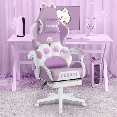 Ivy Bronx Gaming Chair With Cat Ears And Cat Paw Cushion Pillow,cute Computer Chair For Girl With Footrest