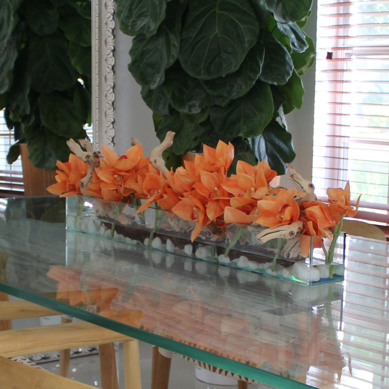 Driftwood Cymbidium Orchids Centerpiece in Glass Planter, 8" H x 24" W x 6" D, Orange